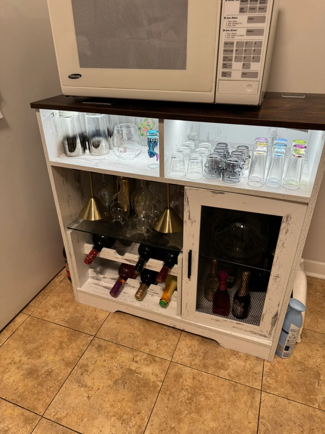 White Distressed Bar Cabinet with Wine Storage thumbnail