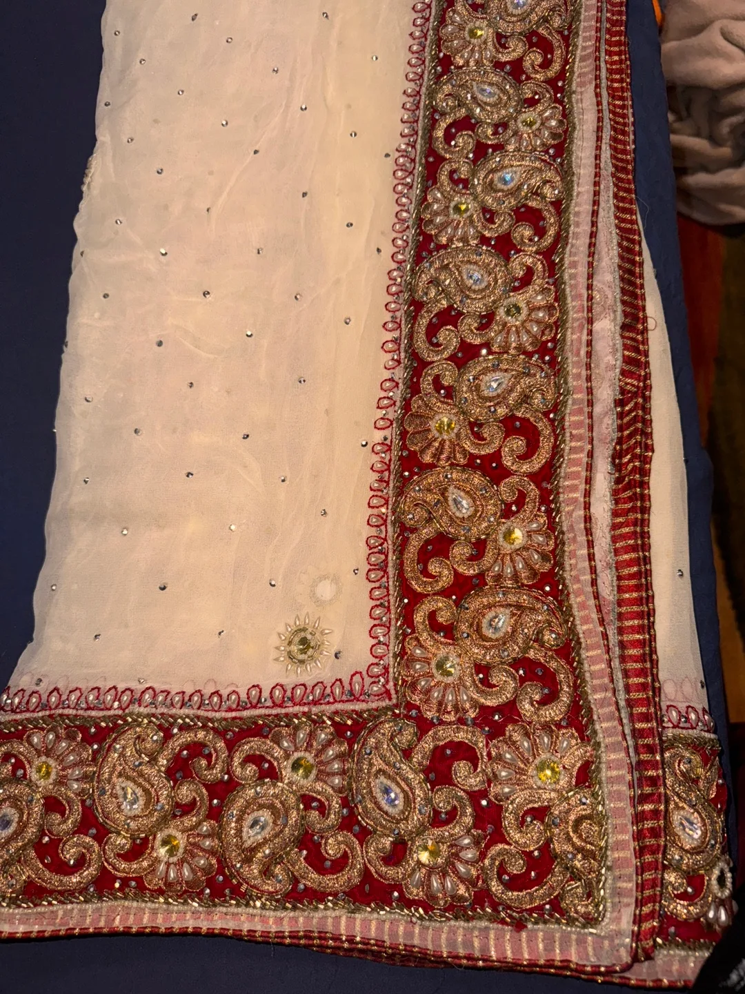 Embroidered chiffon duppata - Cream & Red thumbnail