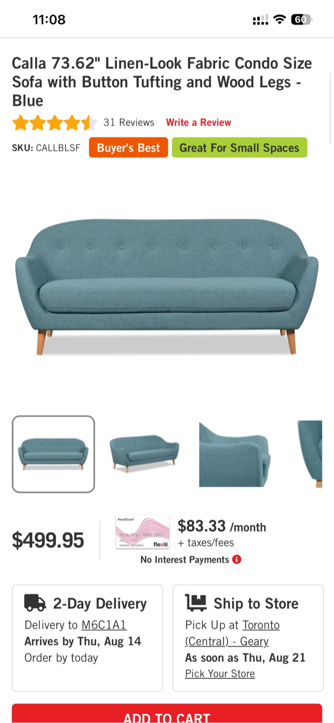 Calla 73.62" Linen-Look Fabric Sofa - Blue - photo 2