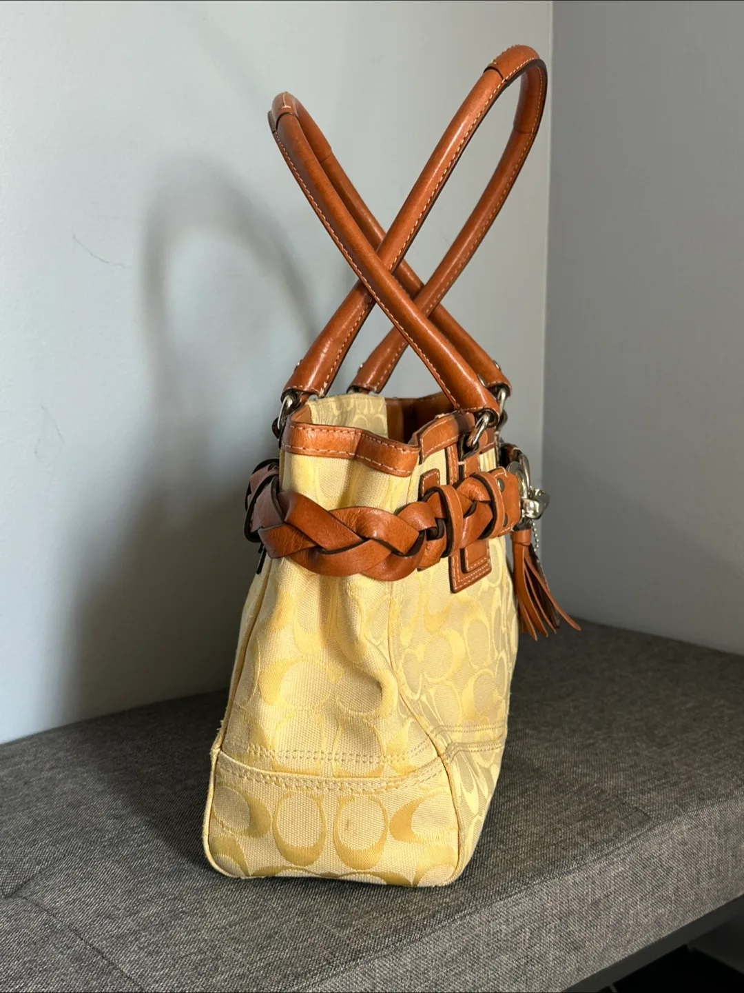 Coach Hampton Signature C Yellow Shoulder Bag Braided Leather image indicator(5)