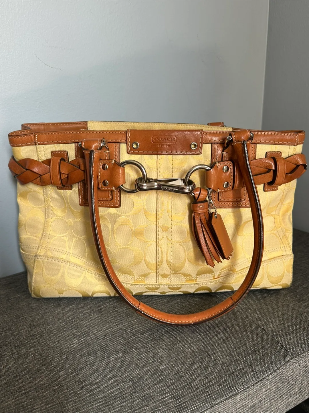 Coach Hampton Signature C Yellow Shoulder Bag Braided Leather image indicator(2)