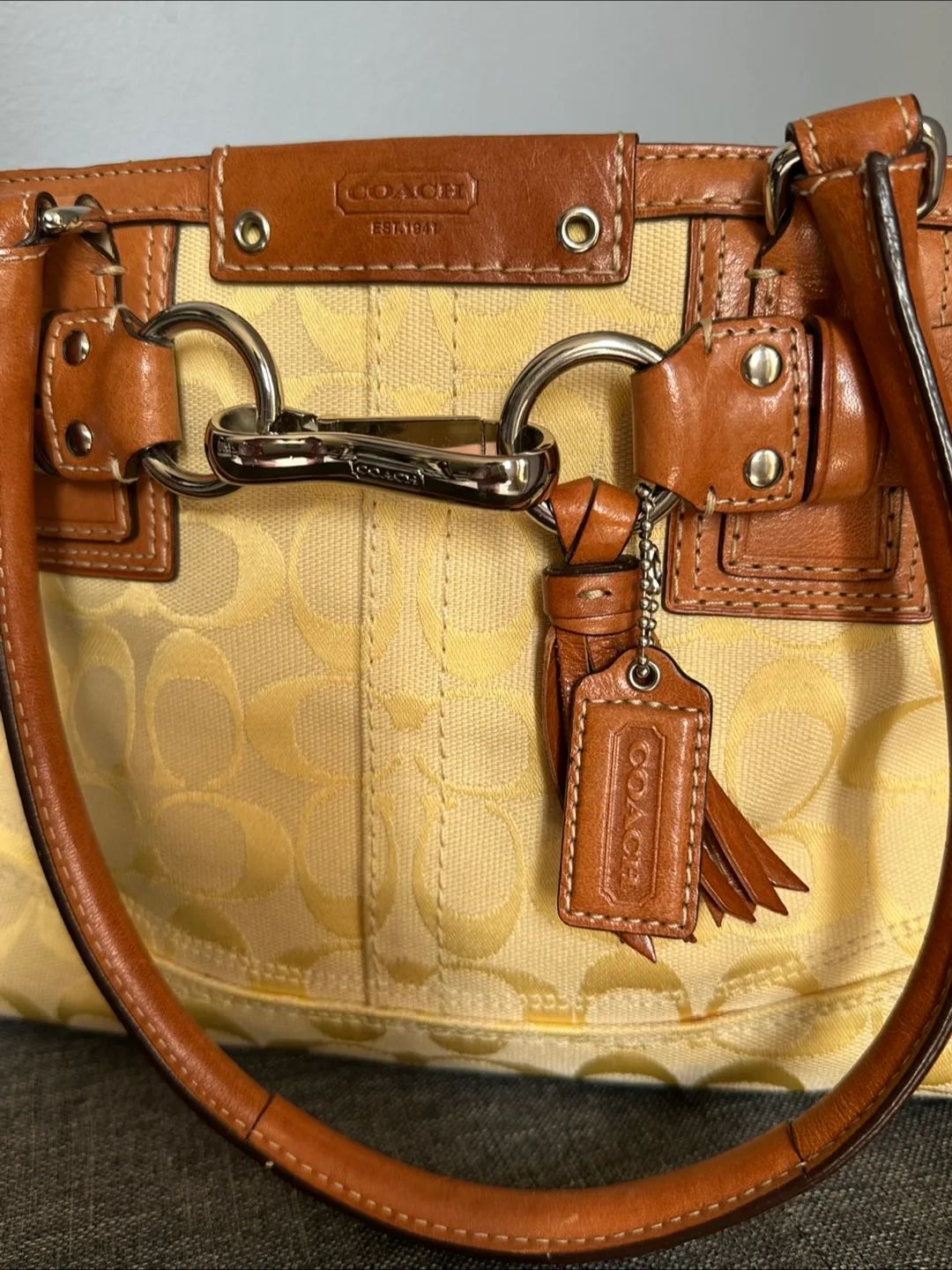 Coach Hampton Signature C Yellow Shoulder Bag Braided Leather image indicator(6)