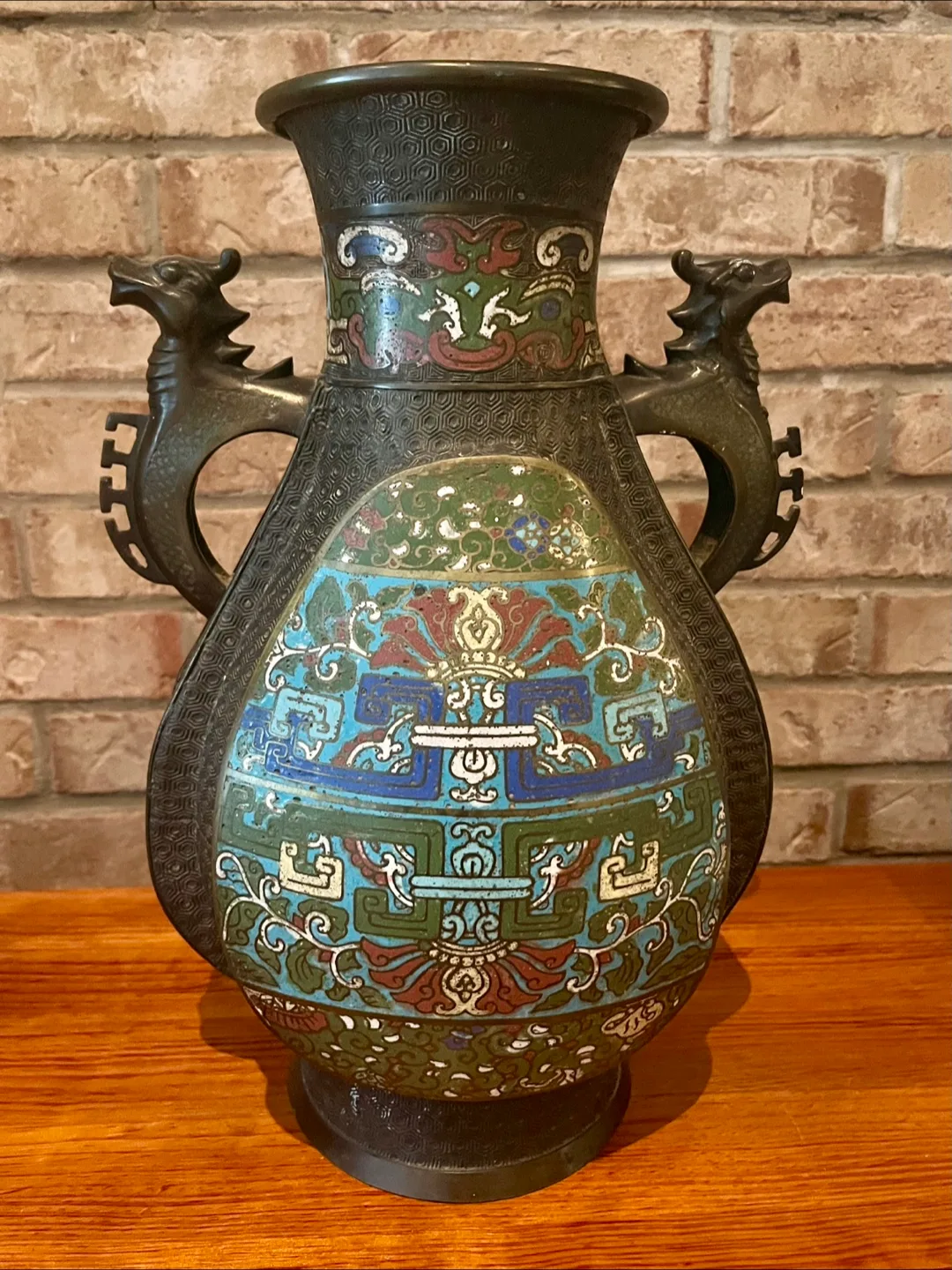 Large Vintage Asian Champleve Enamel Bronze Vase/Urn thumbnail