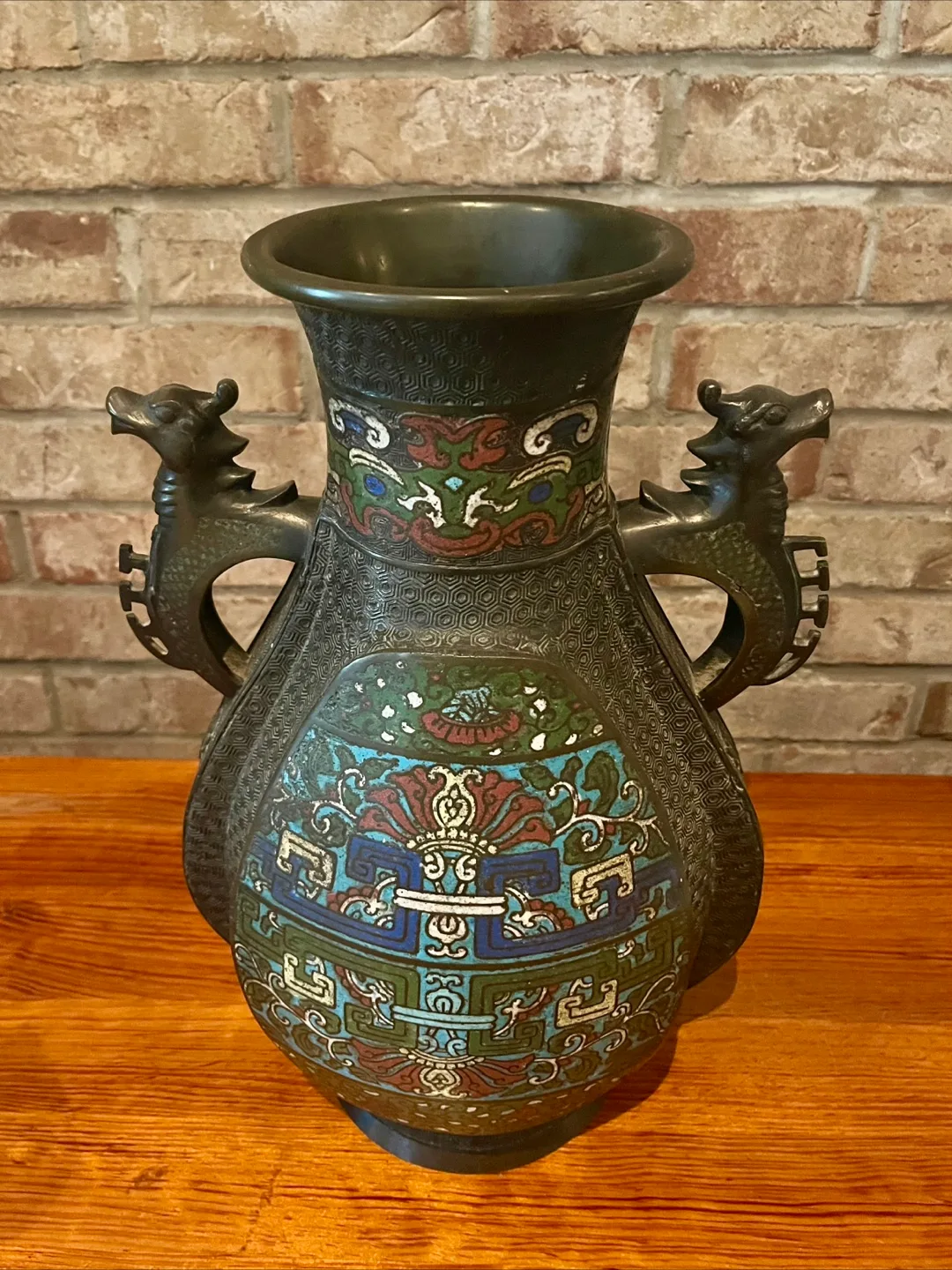 Large Vintage Asian Champleve Enamel Bronze Vase/Urn image indicator(4)