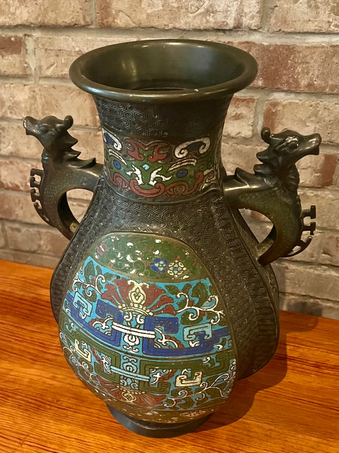 Large Vintage Asian Champleve Enamel Bronze Vase/Urn image indicator(2)