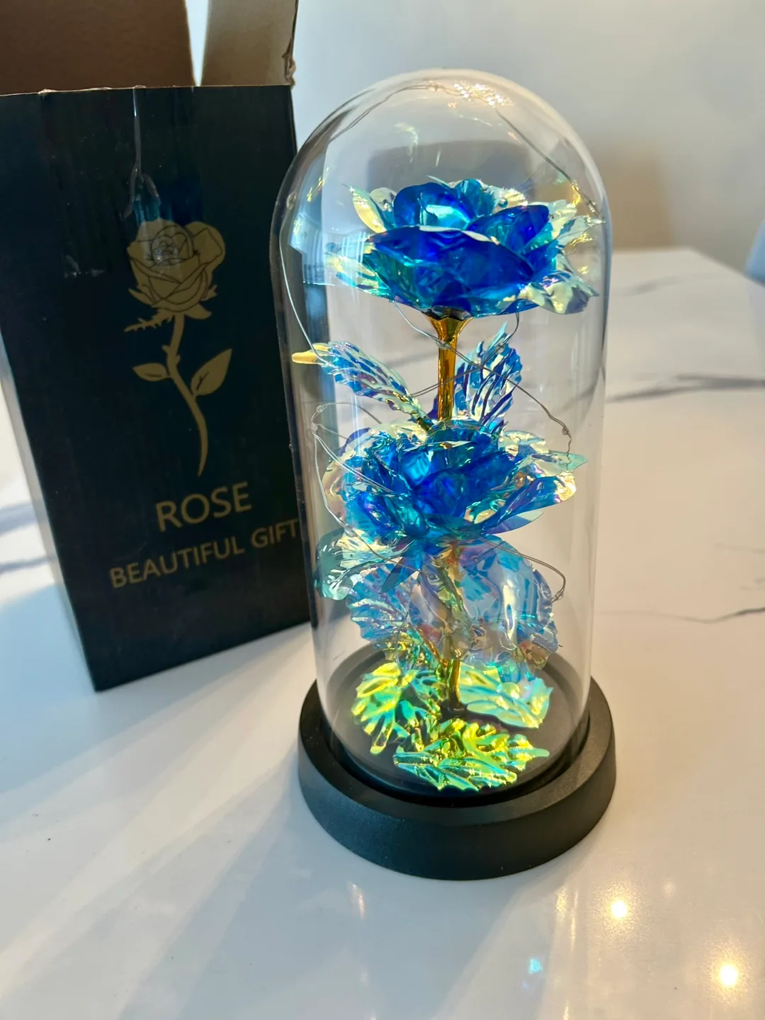 Blue Artificial Rose in Glass Dome (With Fairy Lights) NEW! thumbnail