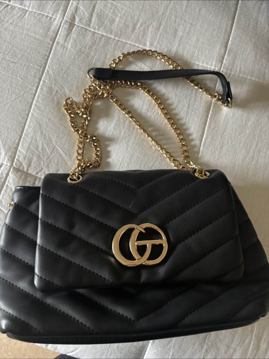 Black Chevron Shoulder Bag with Gold Chain