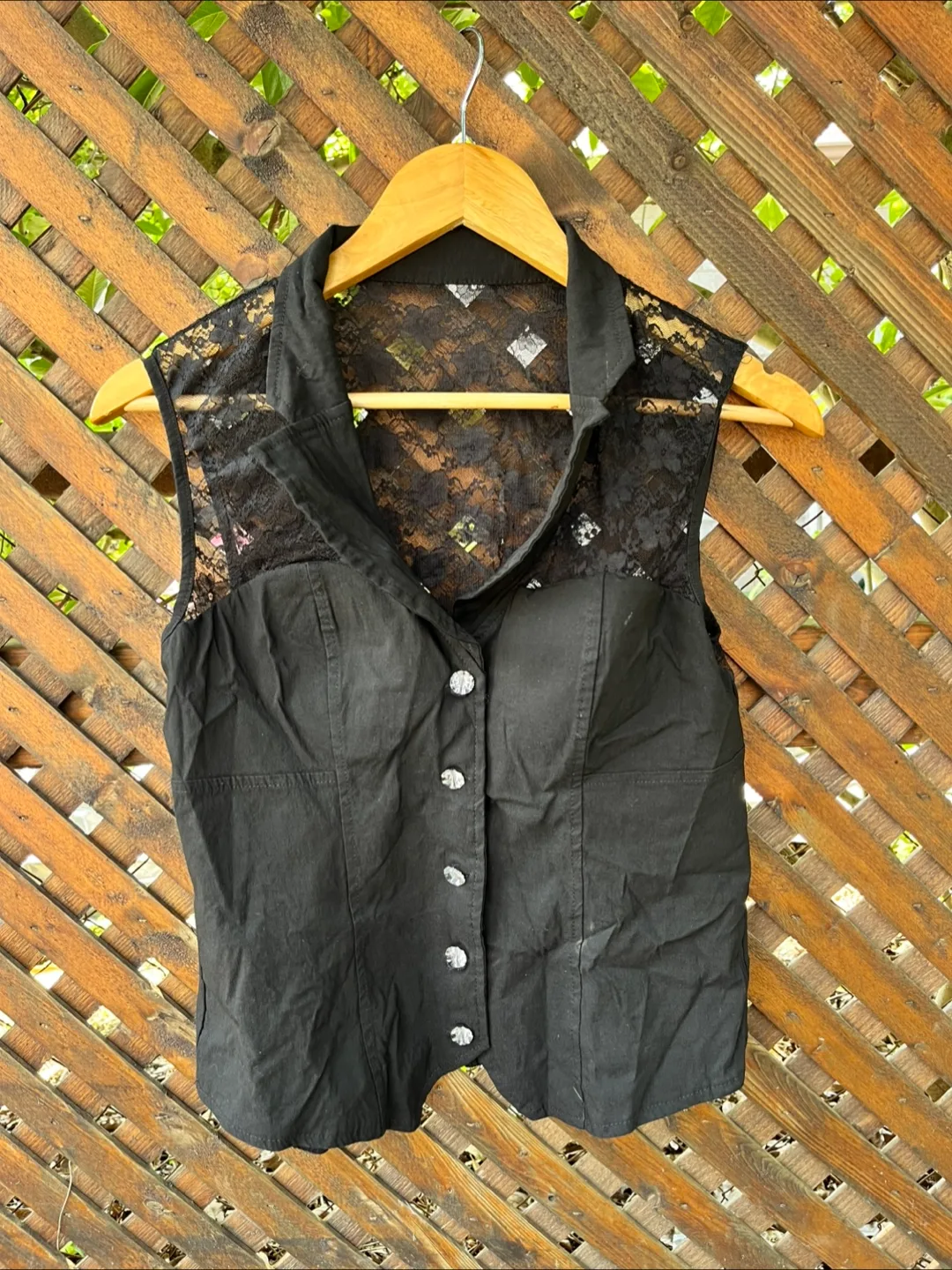 Black Sleeveless Button-Up Top with Lace thumbnail