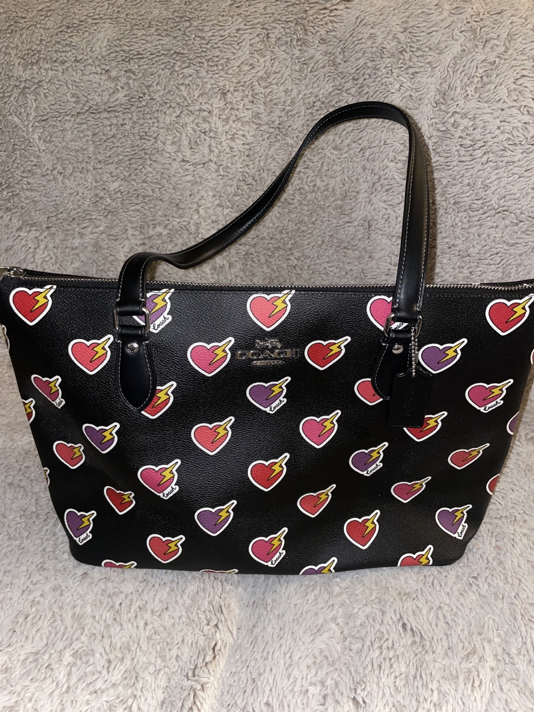 Coach Black Tote Bag with Heart Lightning Bolt Design