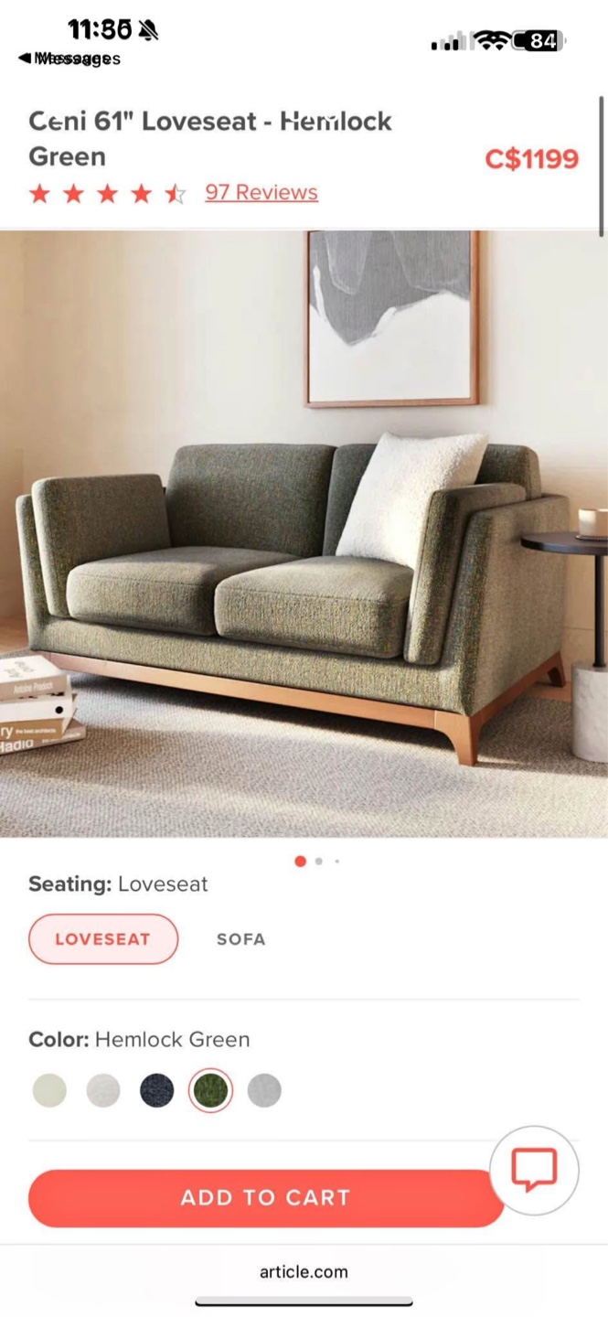 Article Ceni 61" Loveseat Couch- Green - photo 2