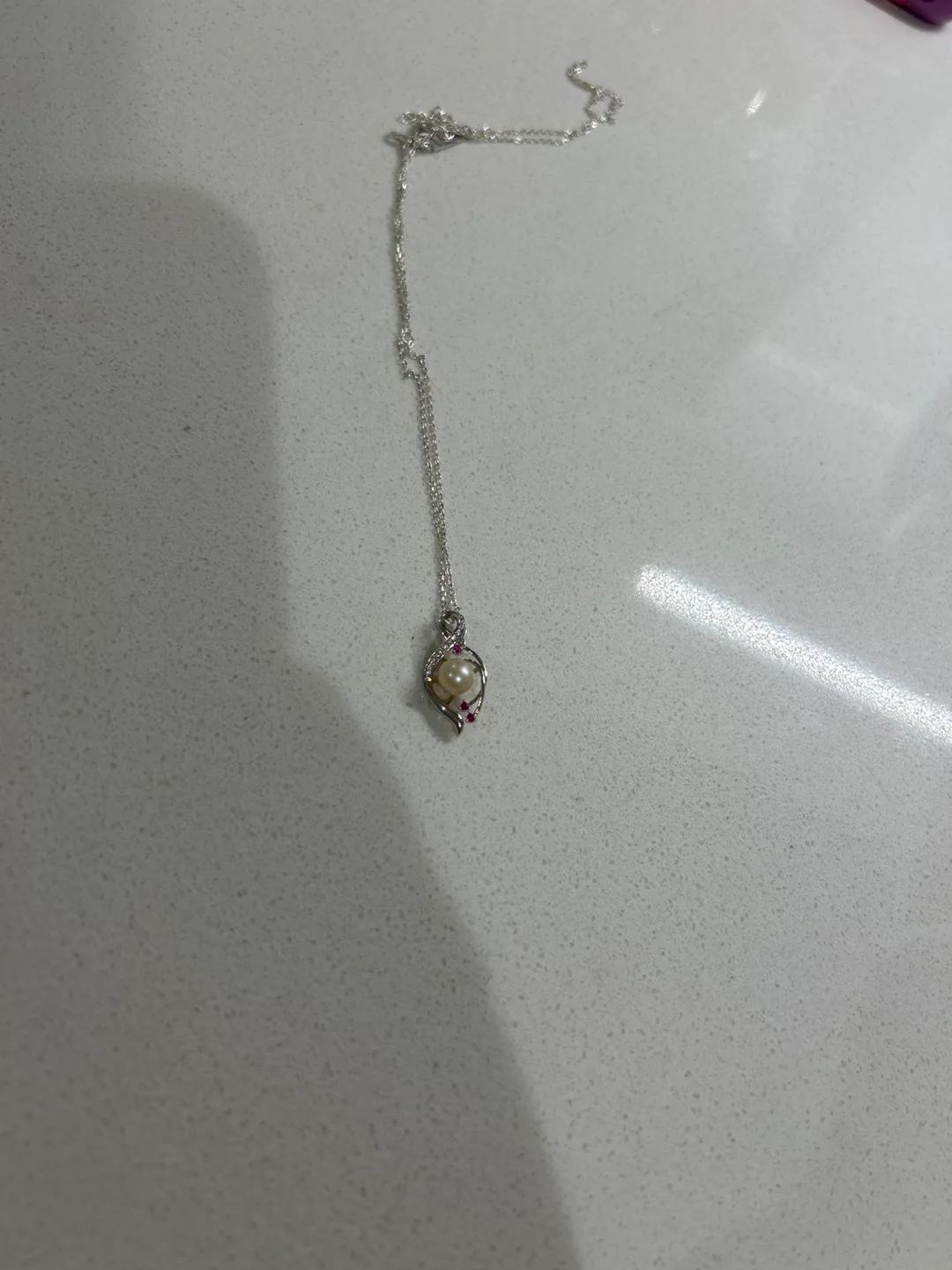 Freshwater Pearl, Ruby and Silver Pendant Necklace thumbnail