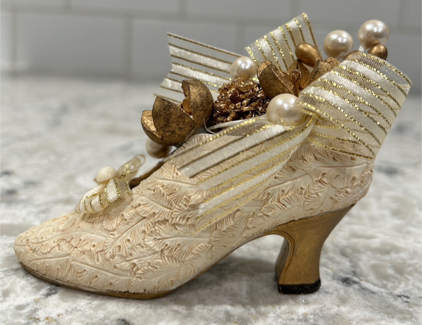 Ornate Miniature Shoe Figurine - Gold and Cream