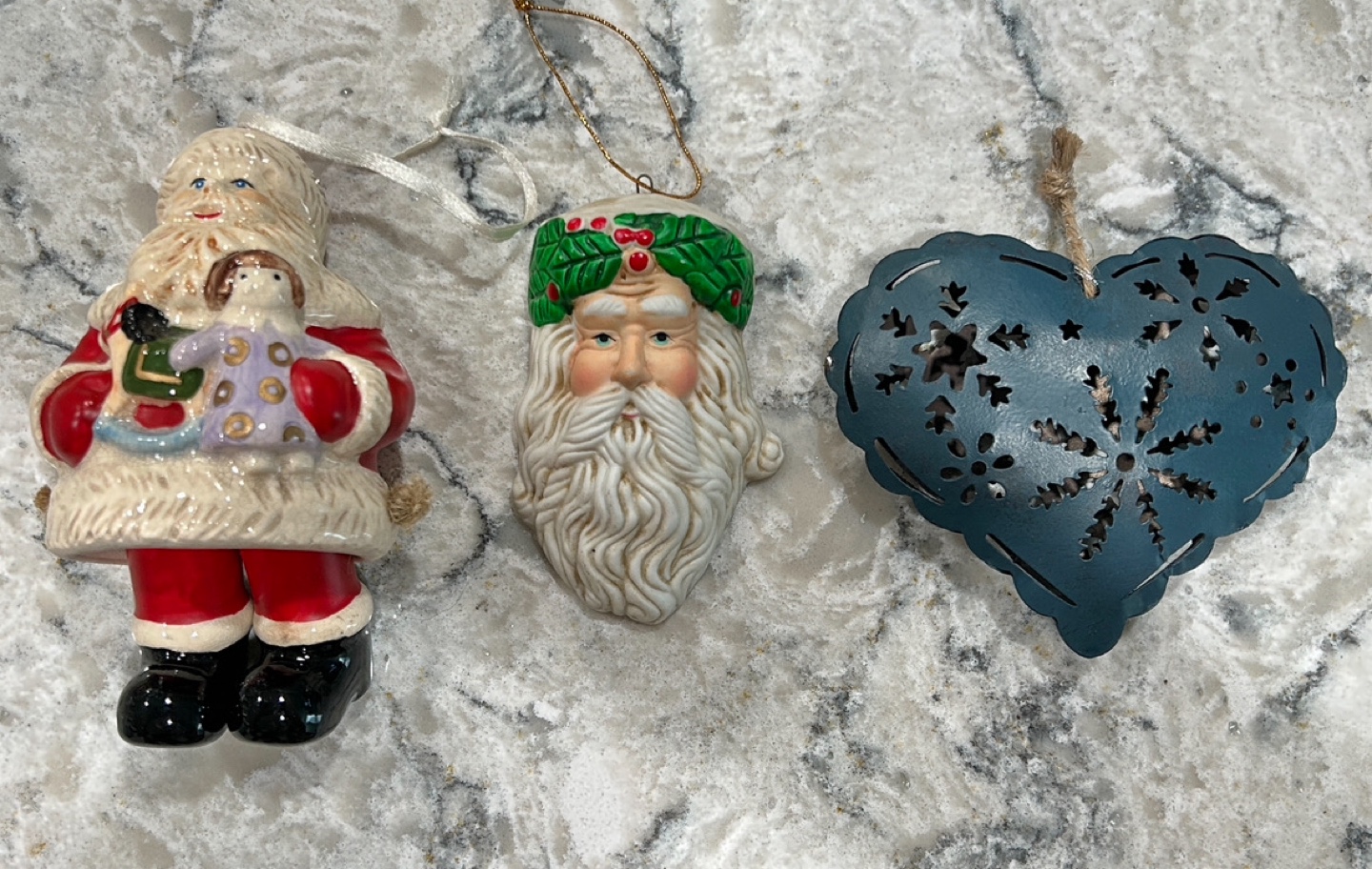 Hanging Santa, Santa Head, Blue Heart Christmas Ornaments