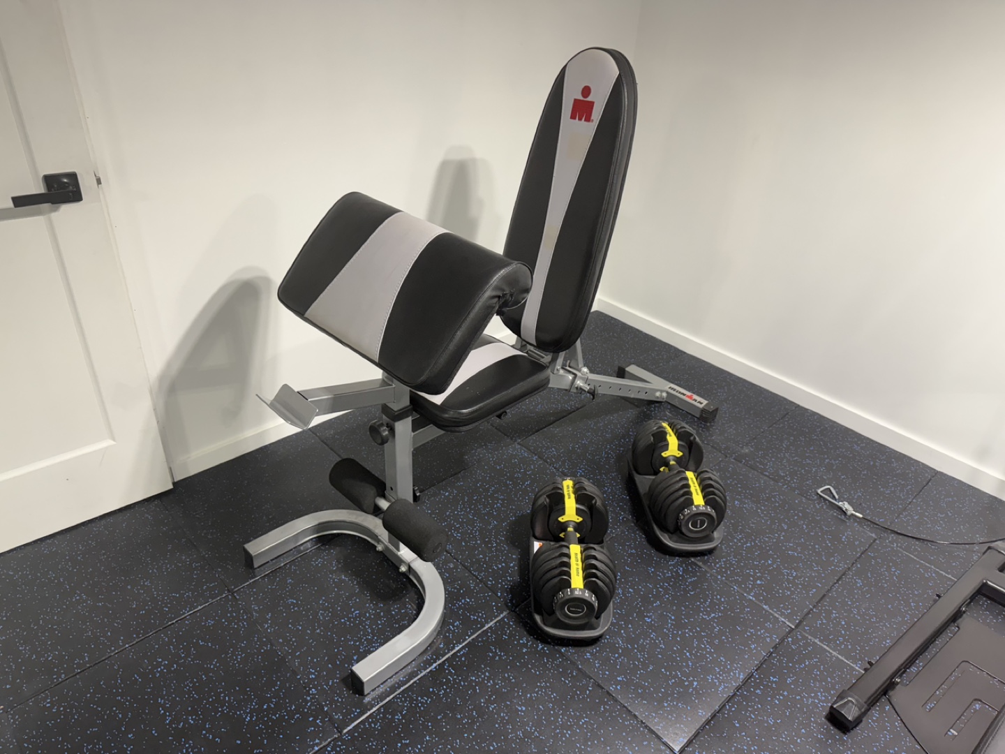 Sturdy Work out bench, adjustable dumbbells and rubber gym mats