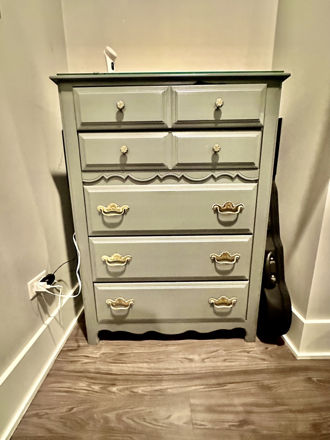 Solid Wood Gray Dresser w/ Custom Glass Top