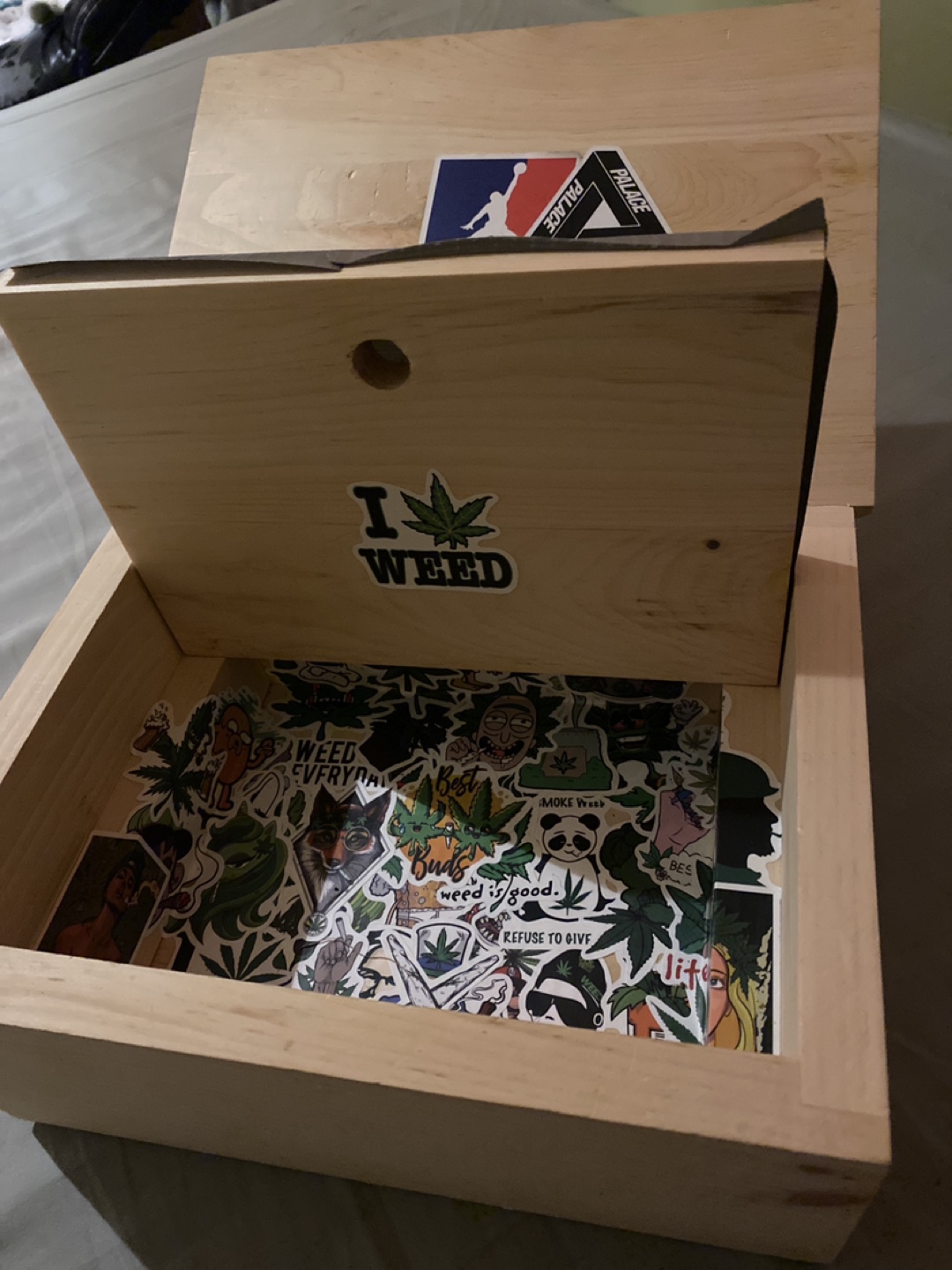 Wooden box with stickers