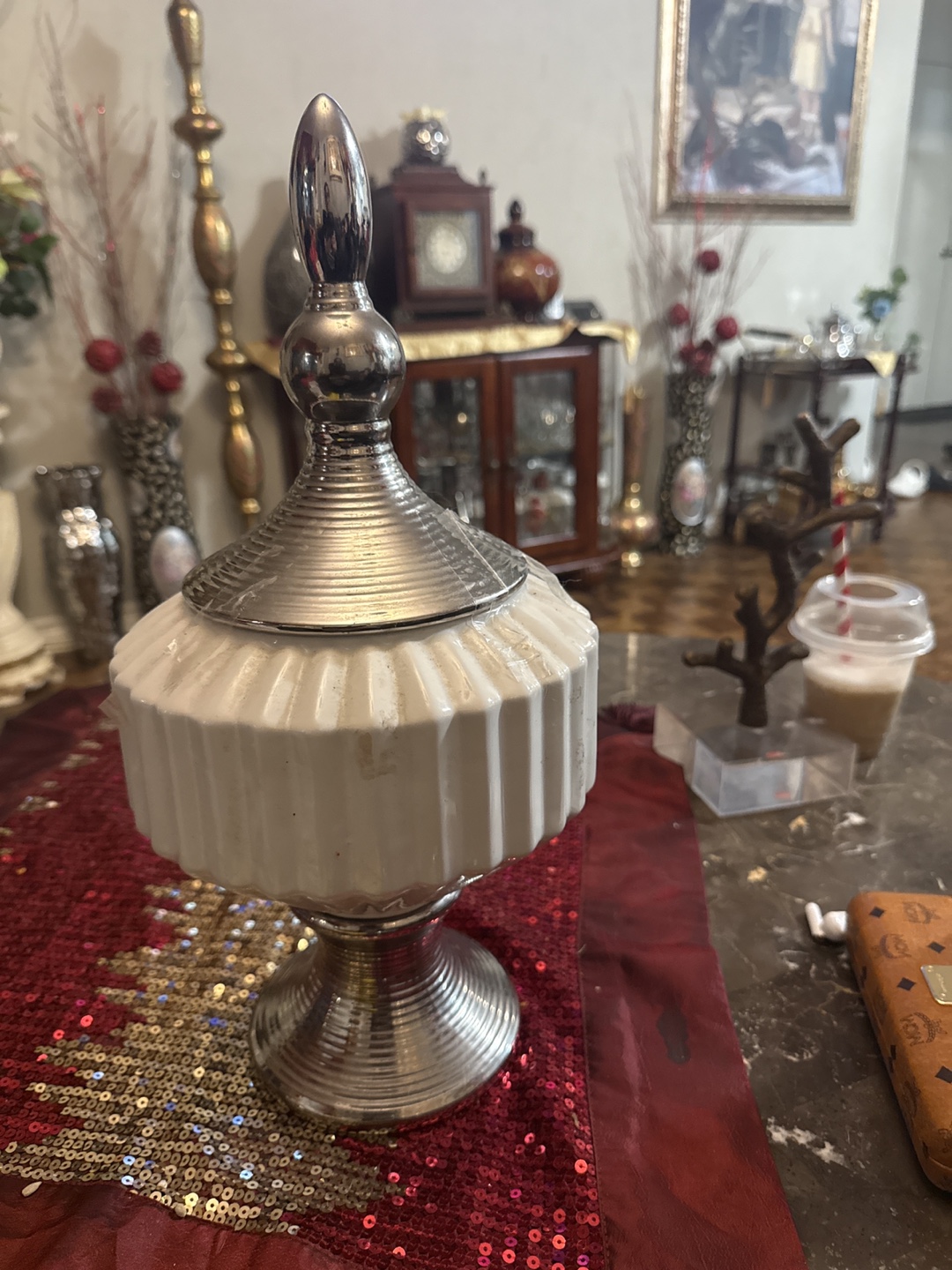Decorative White and Silver Pedestal Bowl