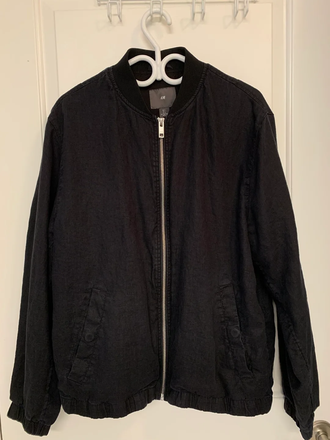 H&M Black Bomber Jacket - Size L 100% Linen 🍀 thumbnail
