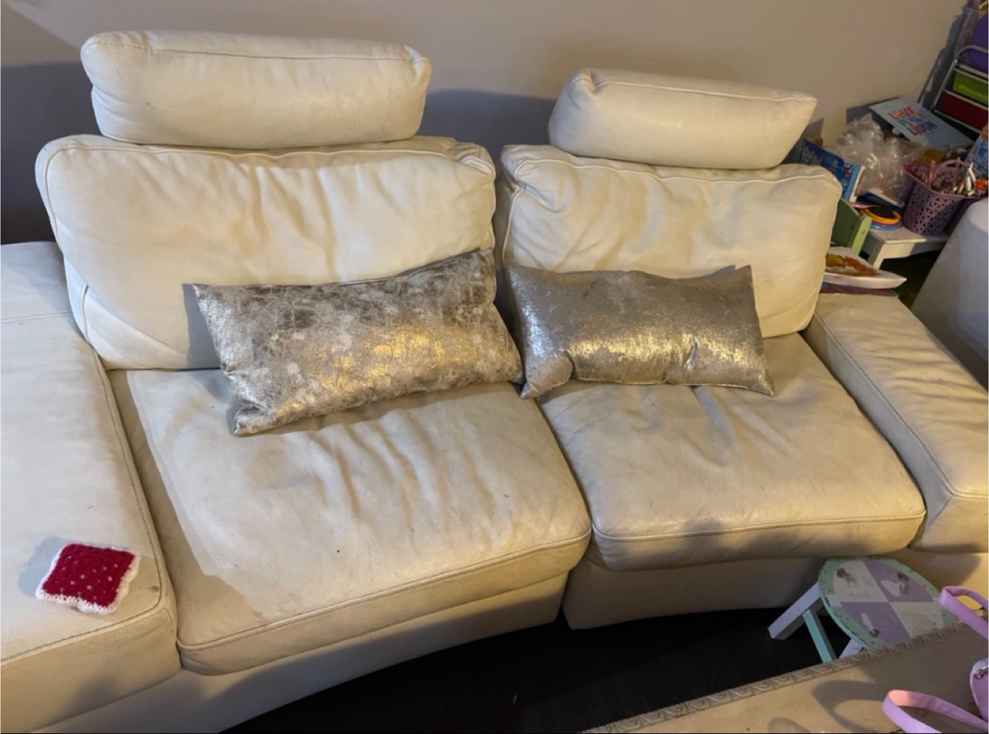 Cream Leather Sofa with Pillows