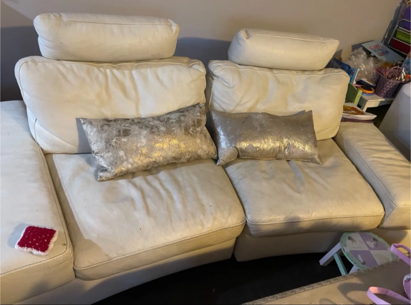 Cream Leather Sofa with Pillows thumbnail