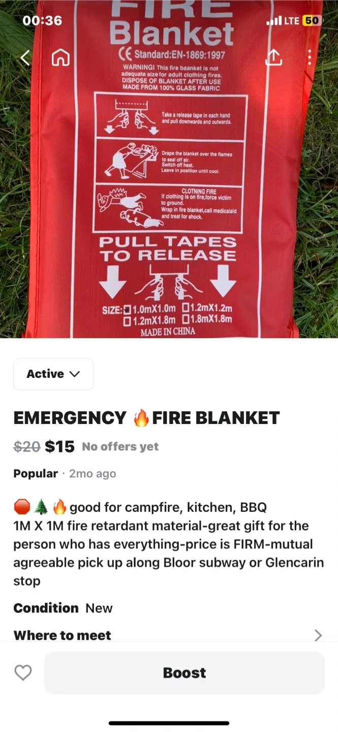 New Emergency Fire Blanket 1.0m x 1.0m thumbnail