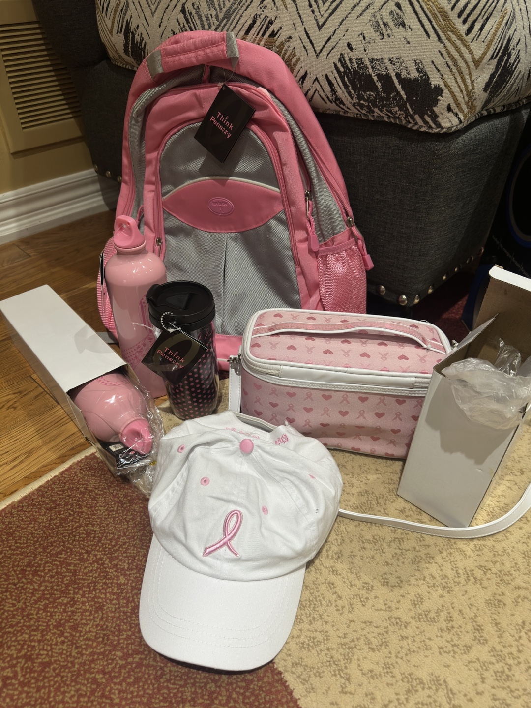 New backpack,water bottle,tote, hat
