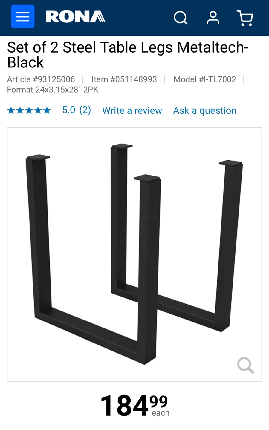 Black Steel Table Legs - Set of 2 thumbnail
