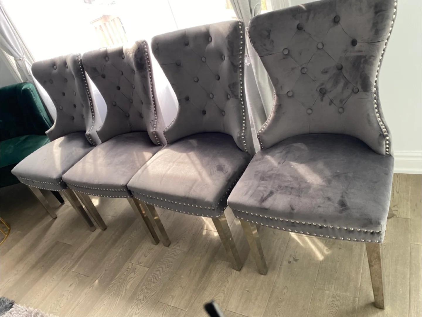 Set of 4 Grey Velvet Dining Chairs