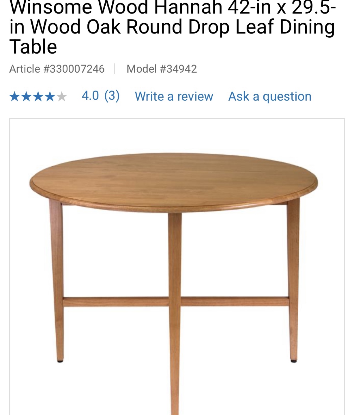 Winsome Wood Hannah Drop Leaf Dining Table