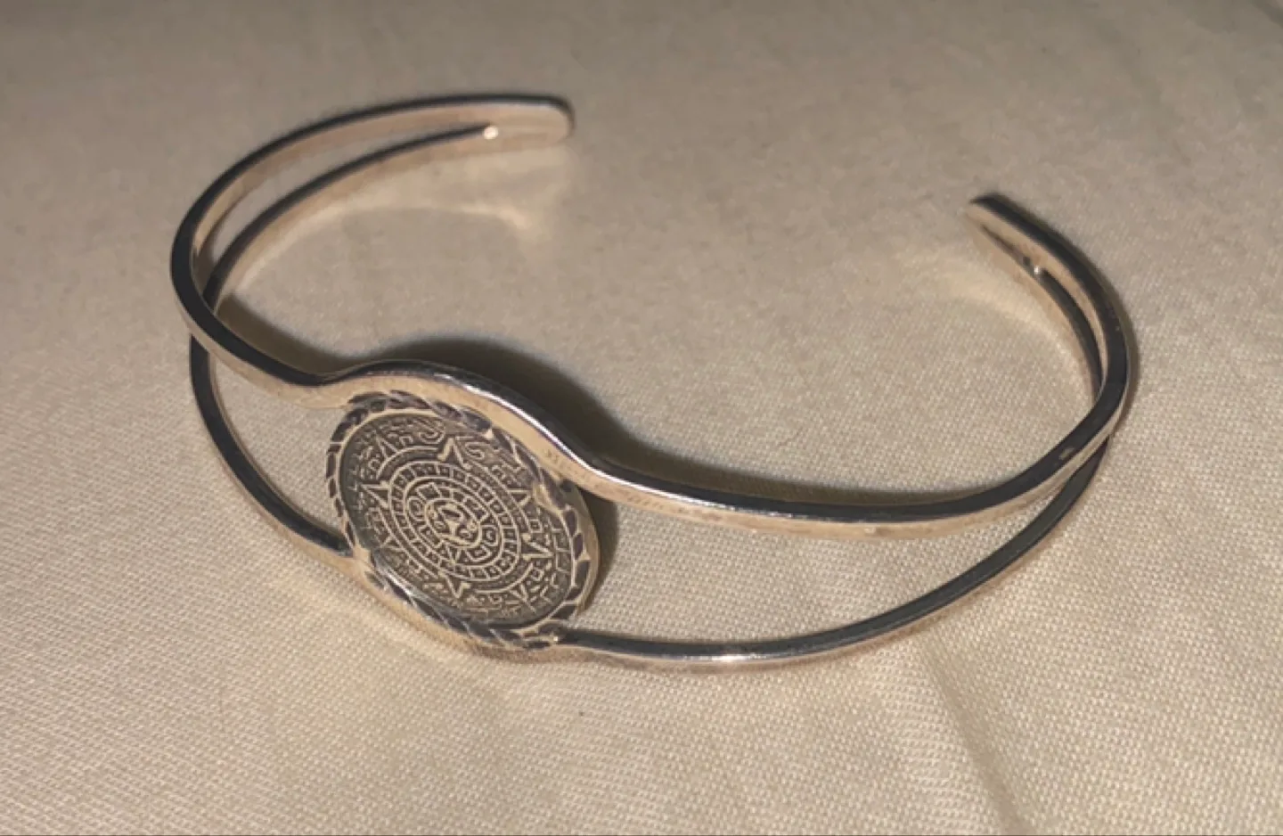Silver Tone Aztec Calendar Cuff Bracelet thumbnail