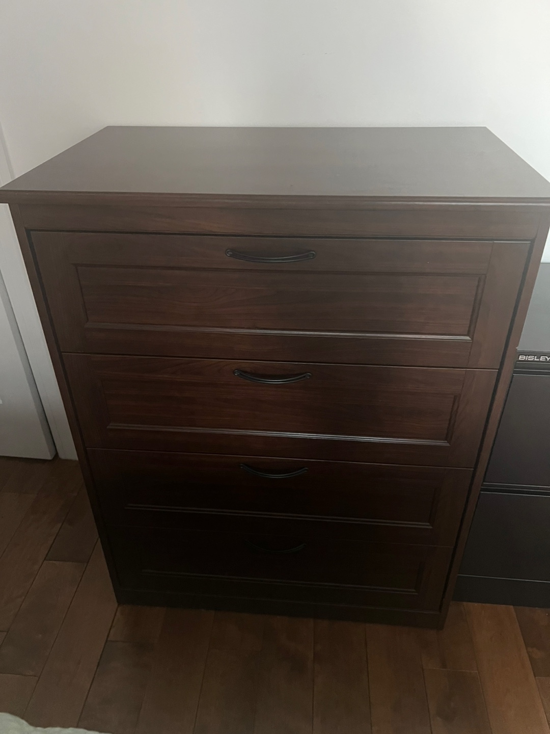 Tall Dark Brown Wood 4-Drawer Dresser