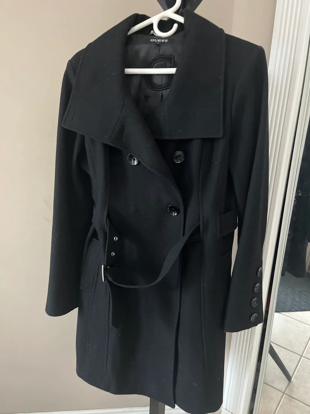 Guess Black Wool Blend Belted Coat - Size XL