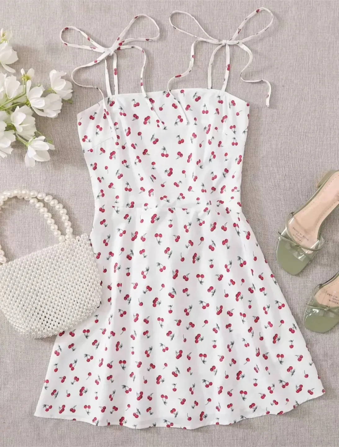 Shein White Cherry Print Dress - Size M thumbnail