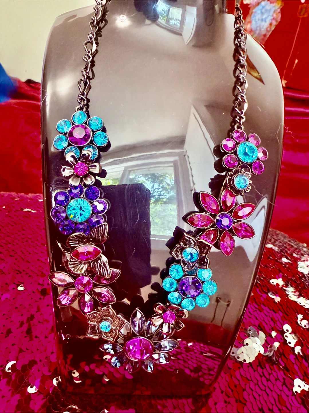 Floral Rhinestone Necklace - Turquoise, Pink, Purple