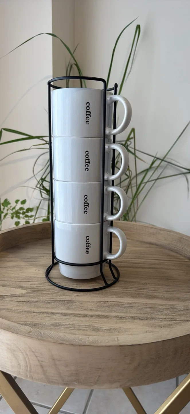 Set of 4 White Coffee Mugs with Stand thumbnail