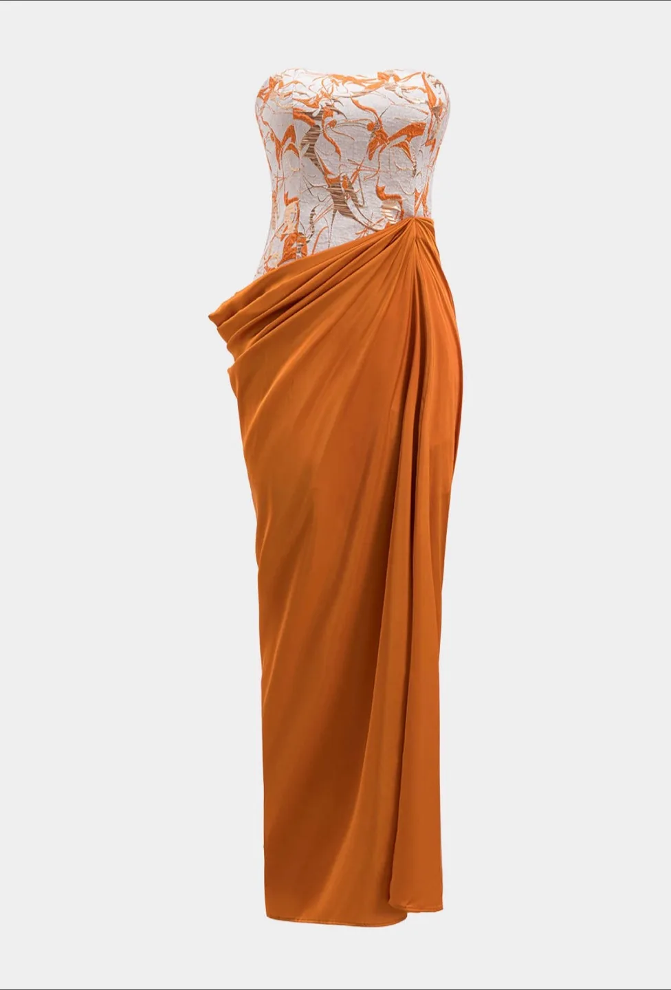 Satin Jacquard Patchwork Ruched Strapless Sleeveless Maxi Dress thumbnail