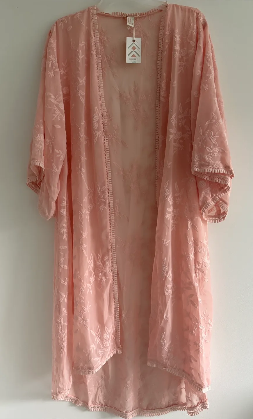 Forever 21 Pink Floral Embroidered Kimono -Size M thumbnail