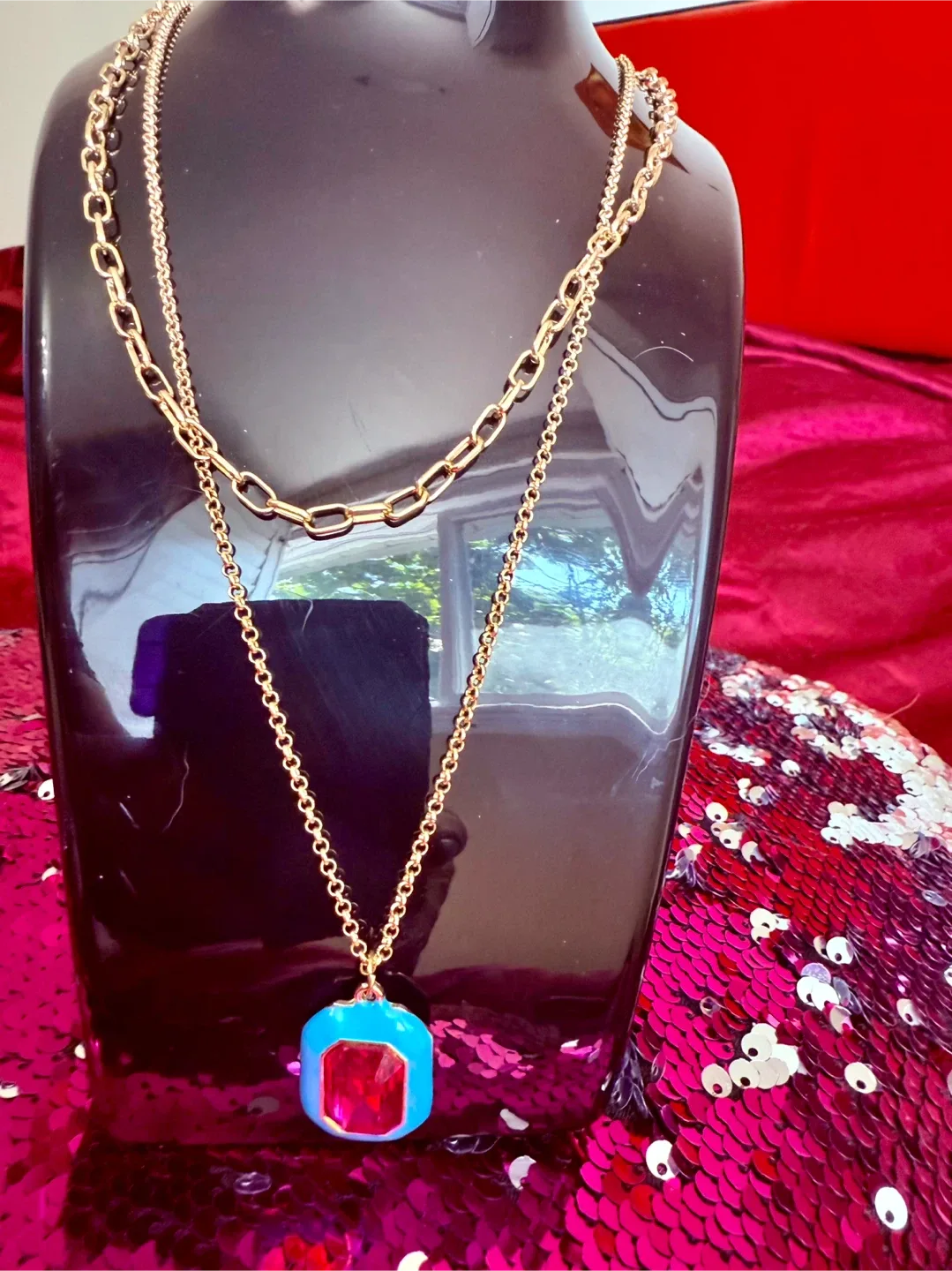 Layered Gold Chain Necklace with Blue Pendant thumbnail