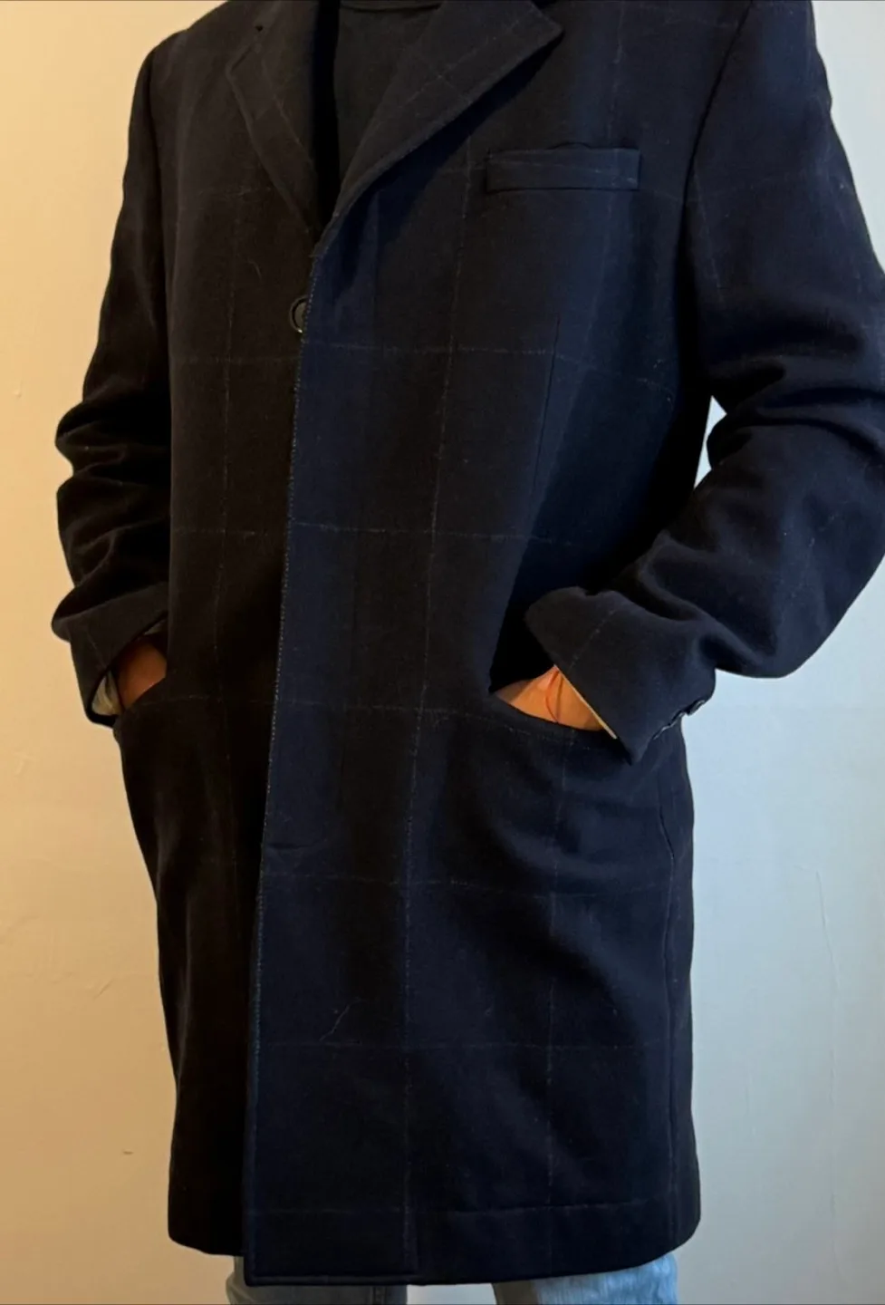 Men's Black Checkered Wool Blend Overcoat image indicator(3)