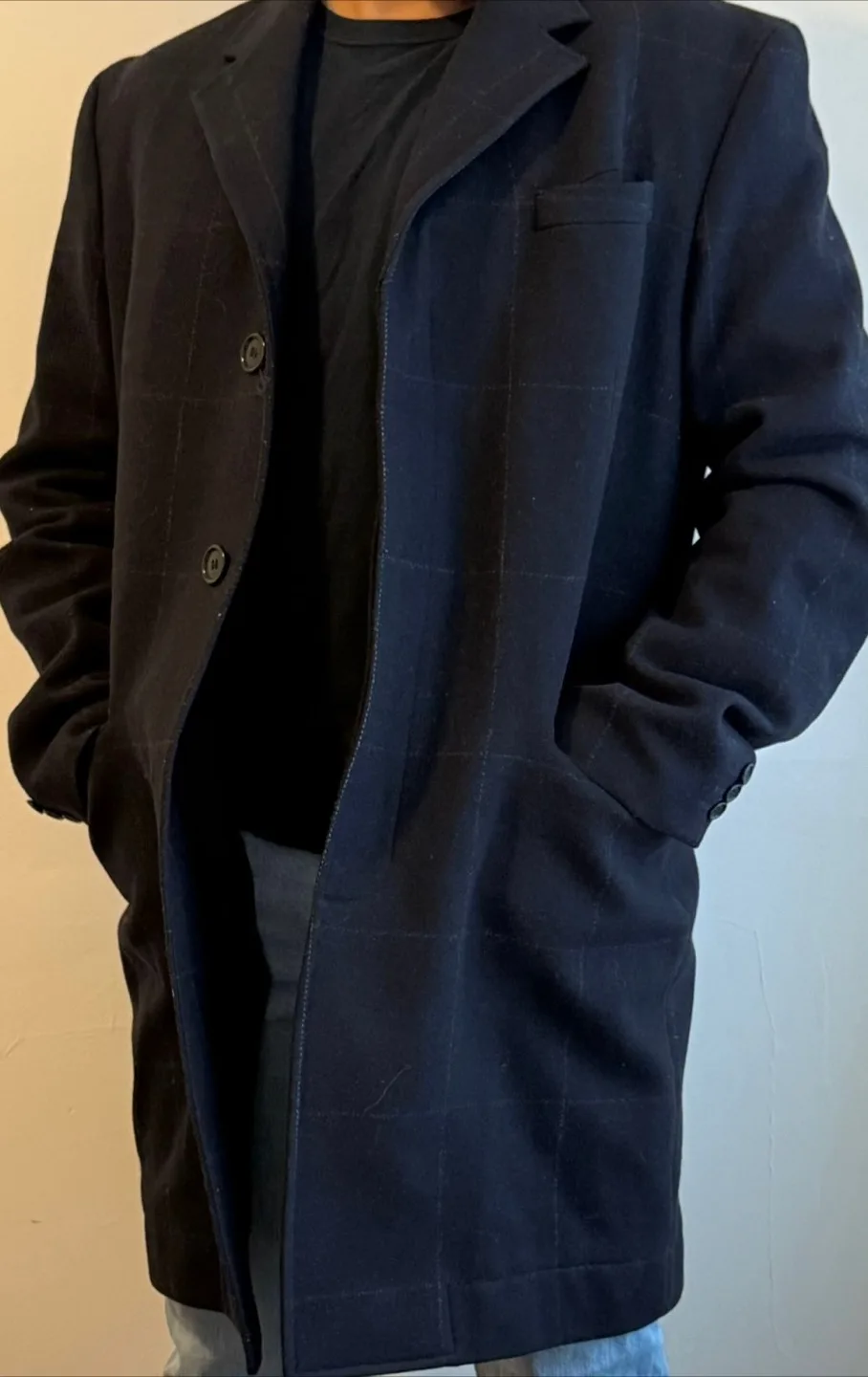 Men's Black Checkered Wool Blend Overcoat image indicator(2)