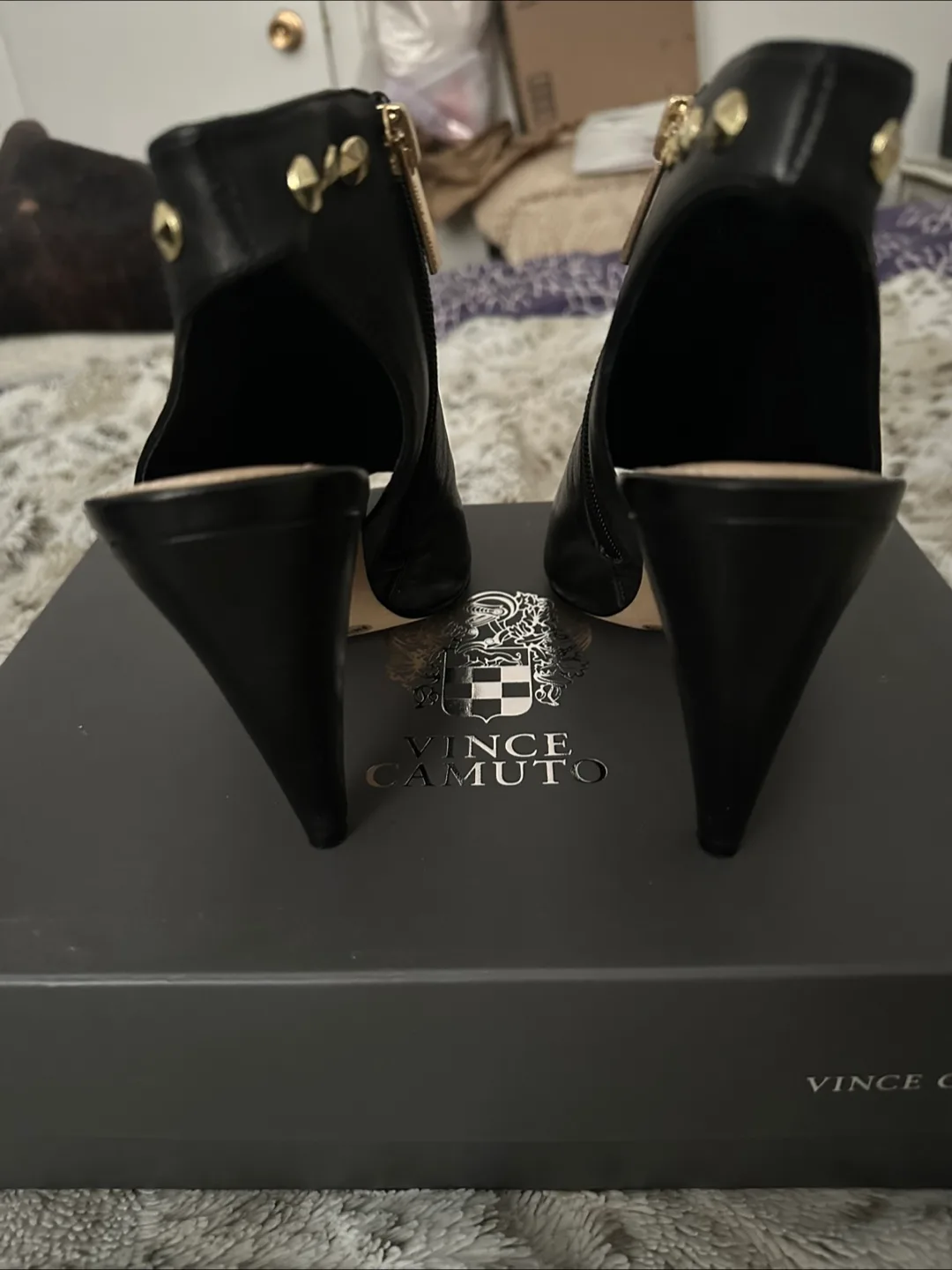 Vince Camuto Black Leather Studded Heels image indicator(2)