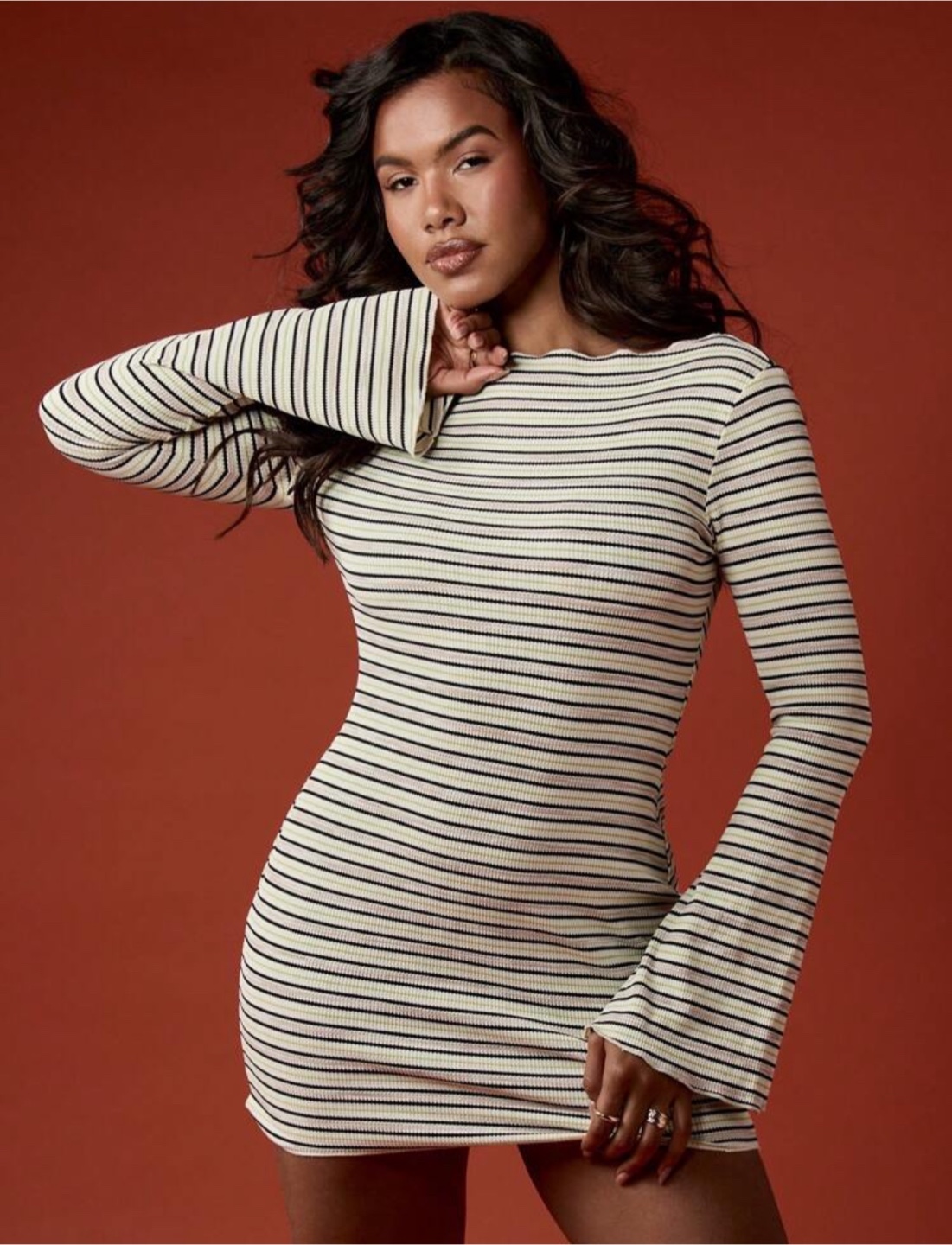 MISSGUIDED Striped Long Sleeve Mini Dress, Size M