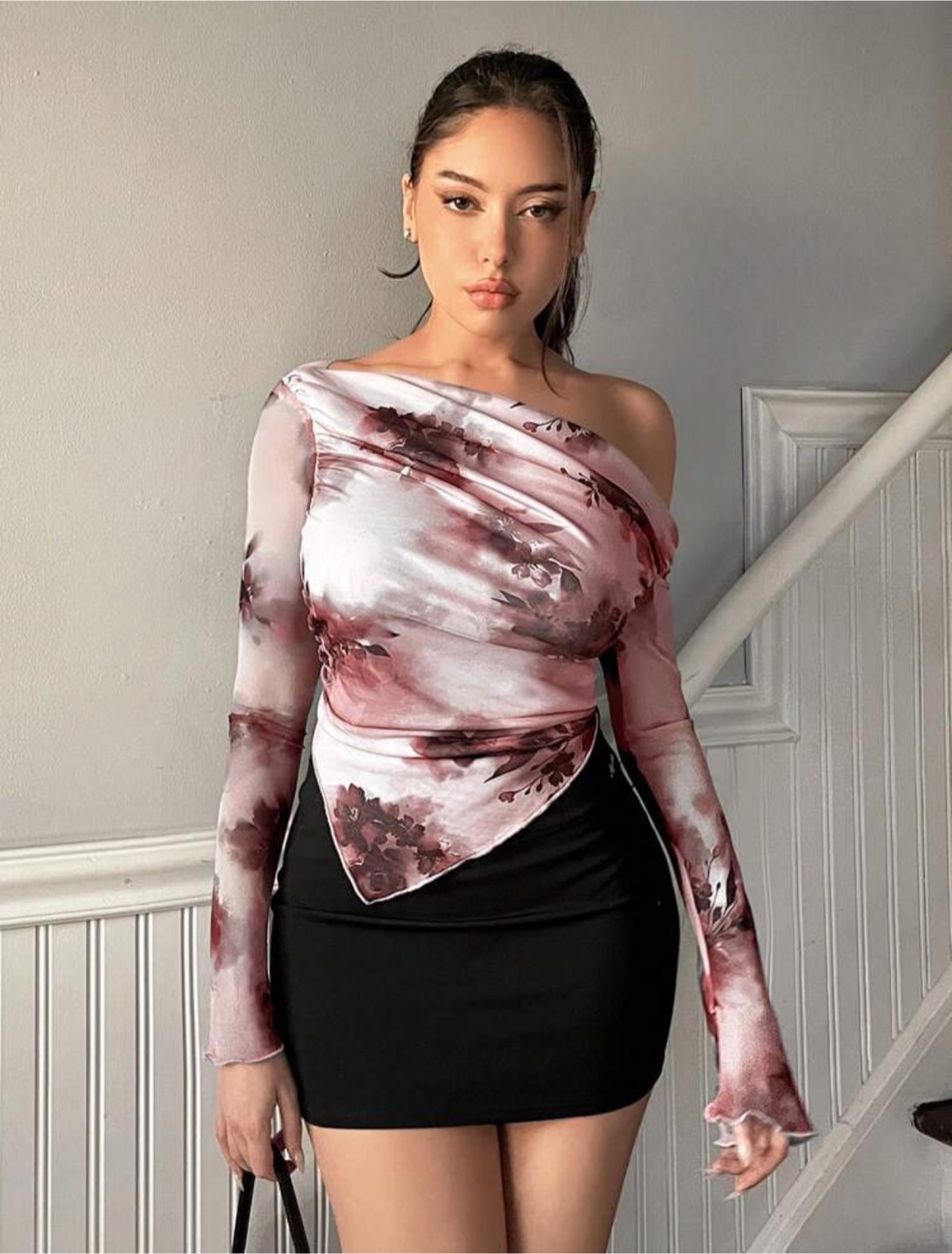 Floral Mesh One-Shoulder Top