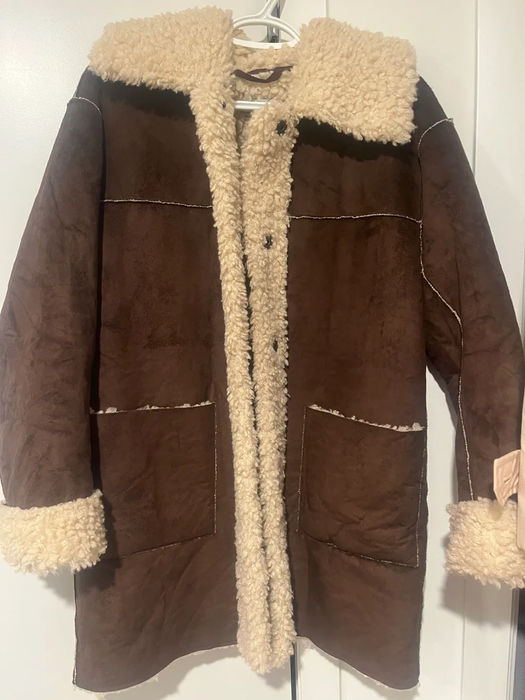 Brown Faux Suede Sherpa Trim Coat thumbnail