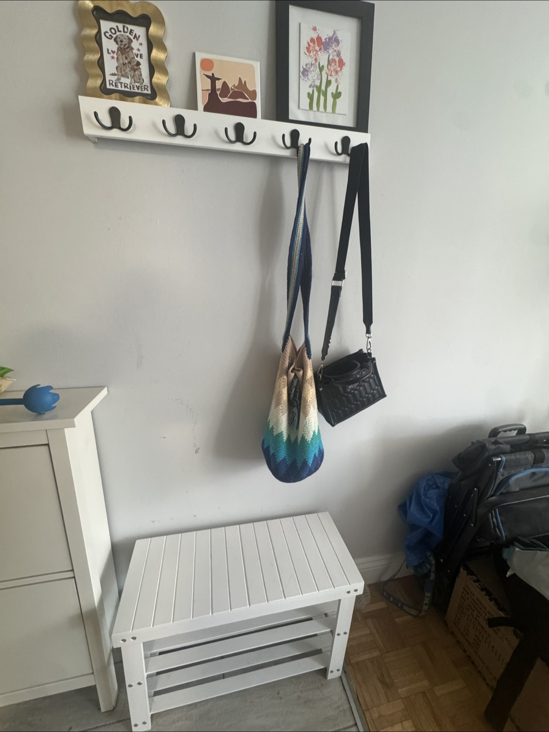 White Coat Rack with Black Hooks and bench