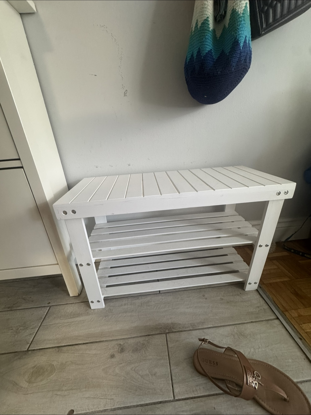 White Coat Rack with Black Hooks and bench - photo 4