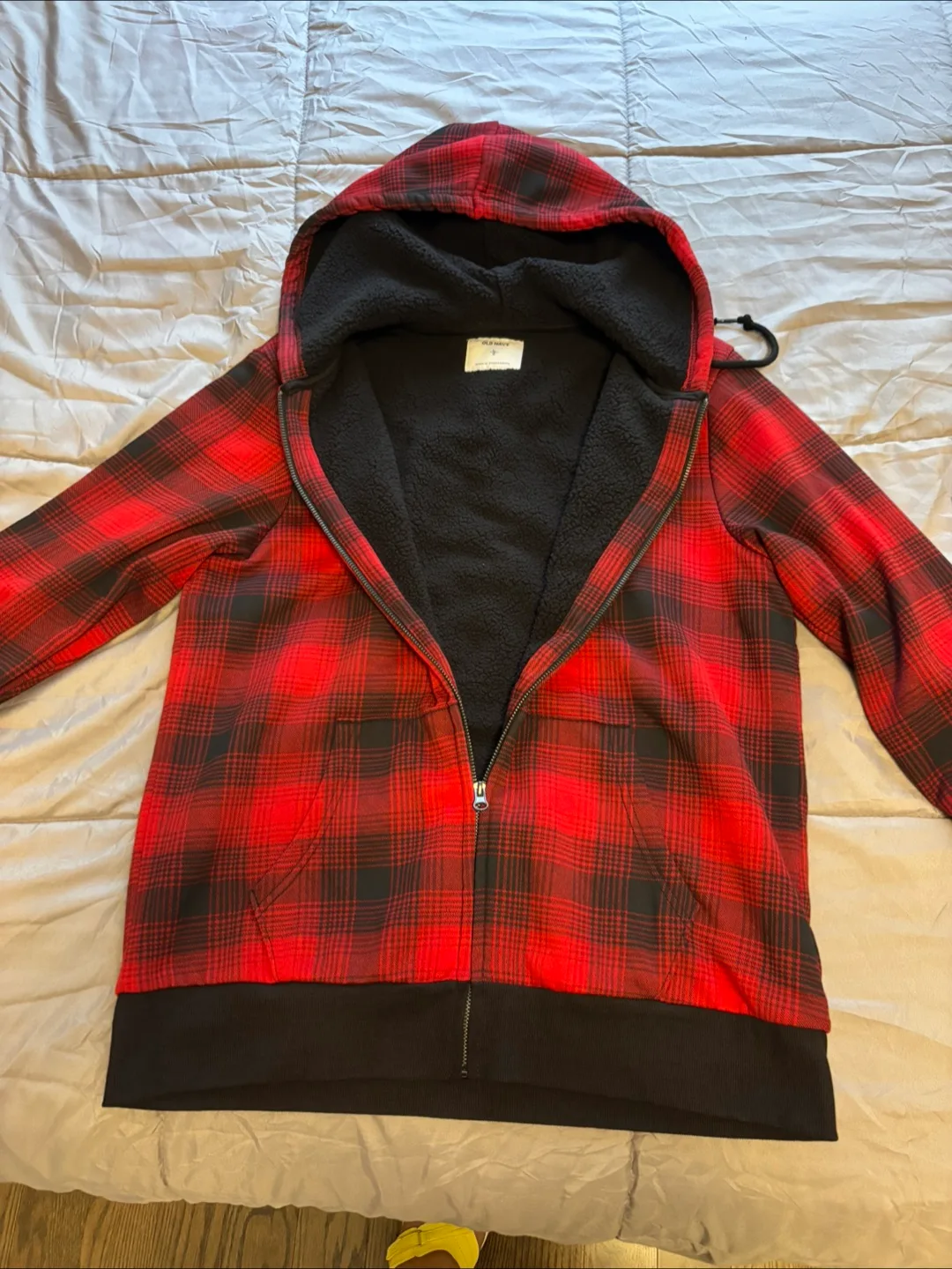 Old Navy Red Plaid Sherpa Hoodie, Size L thumbnail