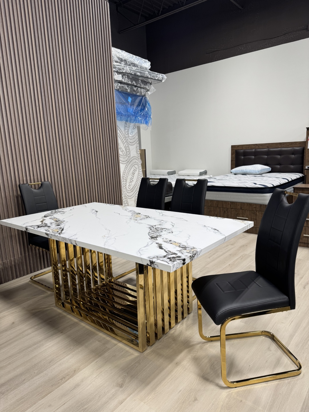 Marble look Dining Table with Gold Base & 6Chairs