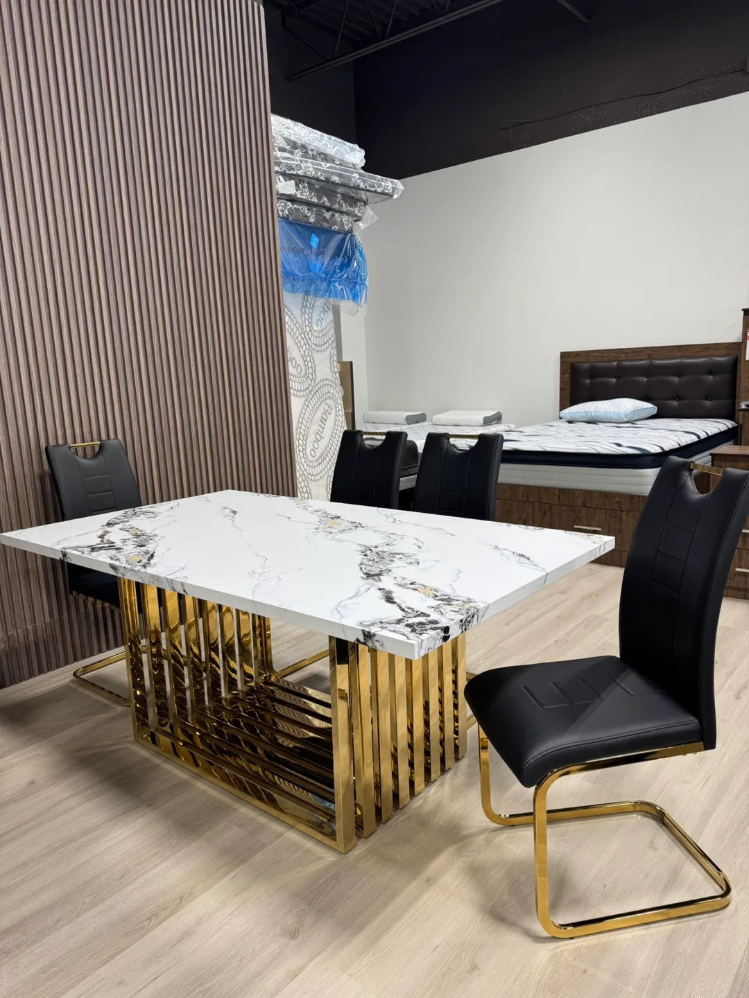 Marble look Dining Table with Gold Base & 6Chairs thumbnail