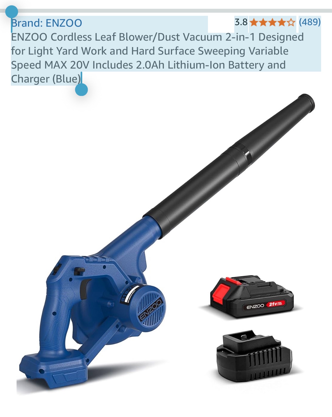 ENZOO 20V Cordless Leaf Blower/Dust Vacuum 2-in-1 - Blue - photo 3
